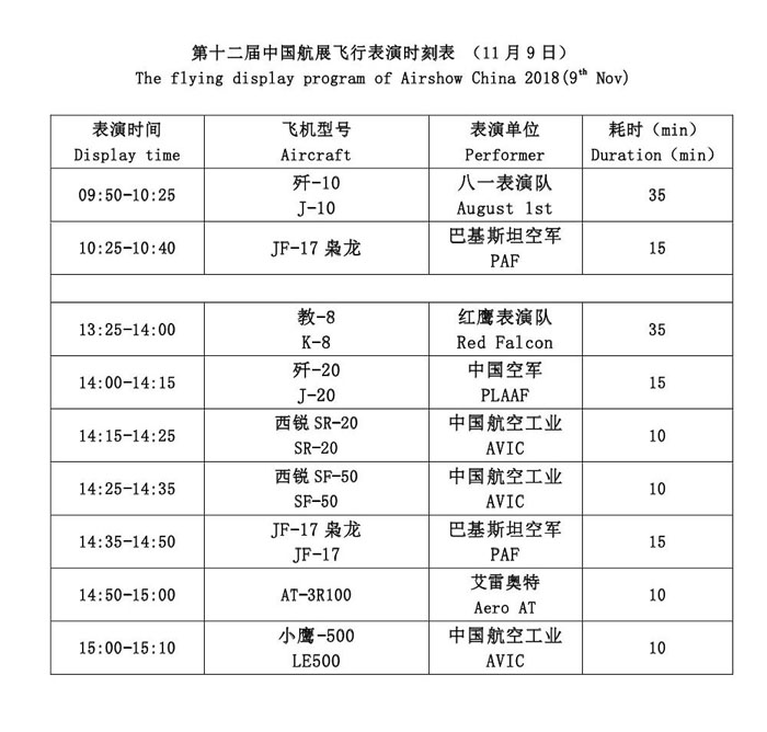 2018第十二届珠海航展的时间安排是怎样的，飞行表演节目表有吗？